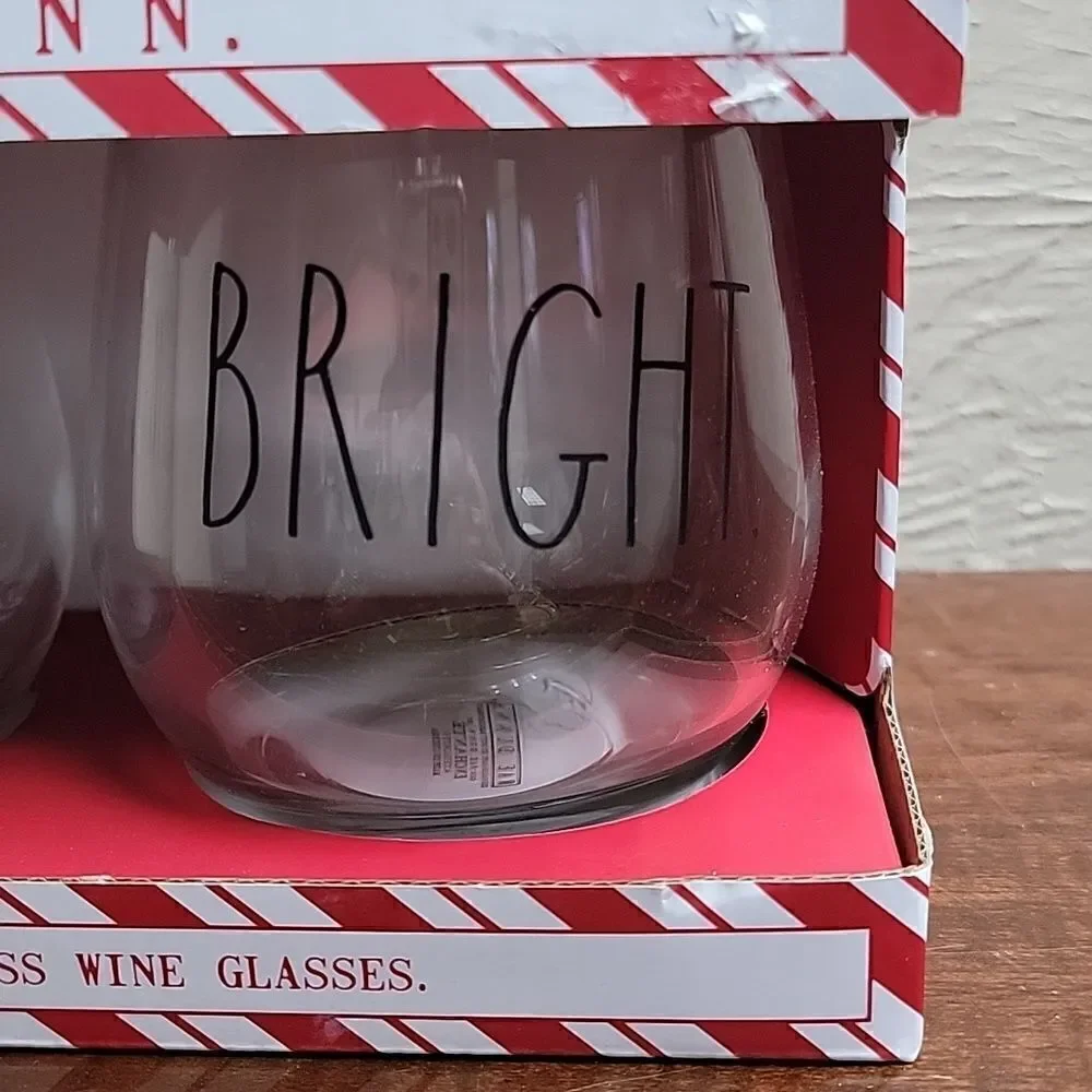 RAE DUNN SET OF TWO STEMLESS WINE GLASSES MERRY. BRIGHT. - NEW!